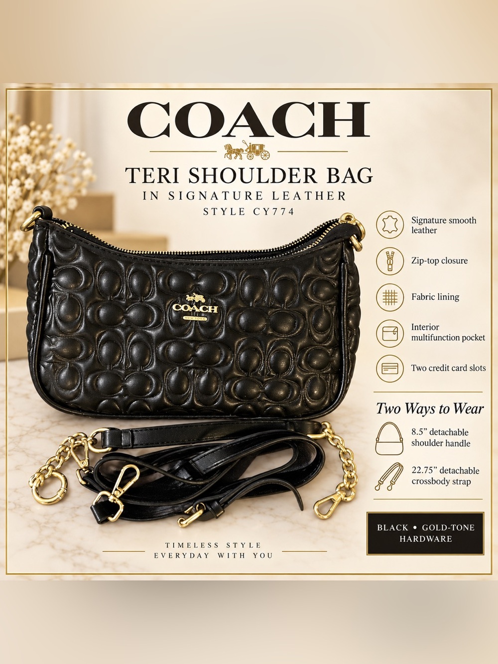 Coach Black Quilted Teri Shoulder Bag with Gold Hardware